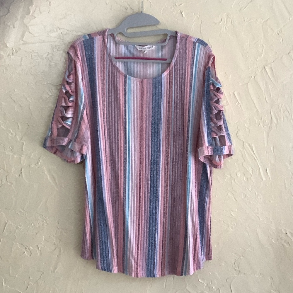 Striped Short Sleeve Top with Ruffle Detail